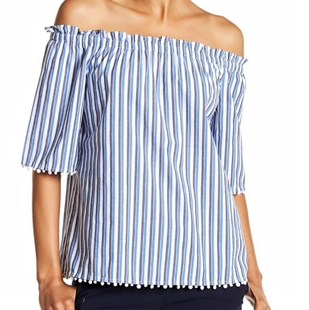 TRINA TURK Aleja Striped Off The Shoulder PomPom Tassels Top Size XSmall